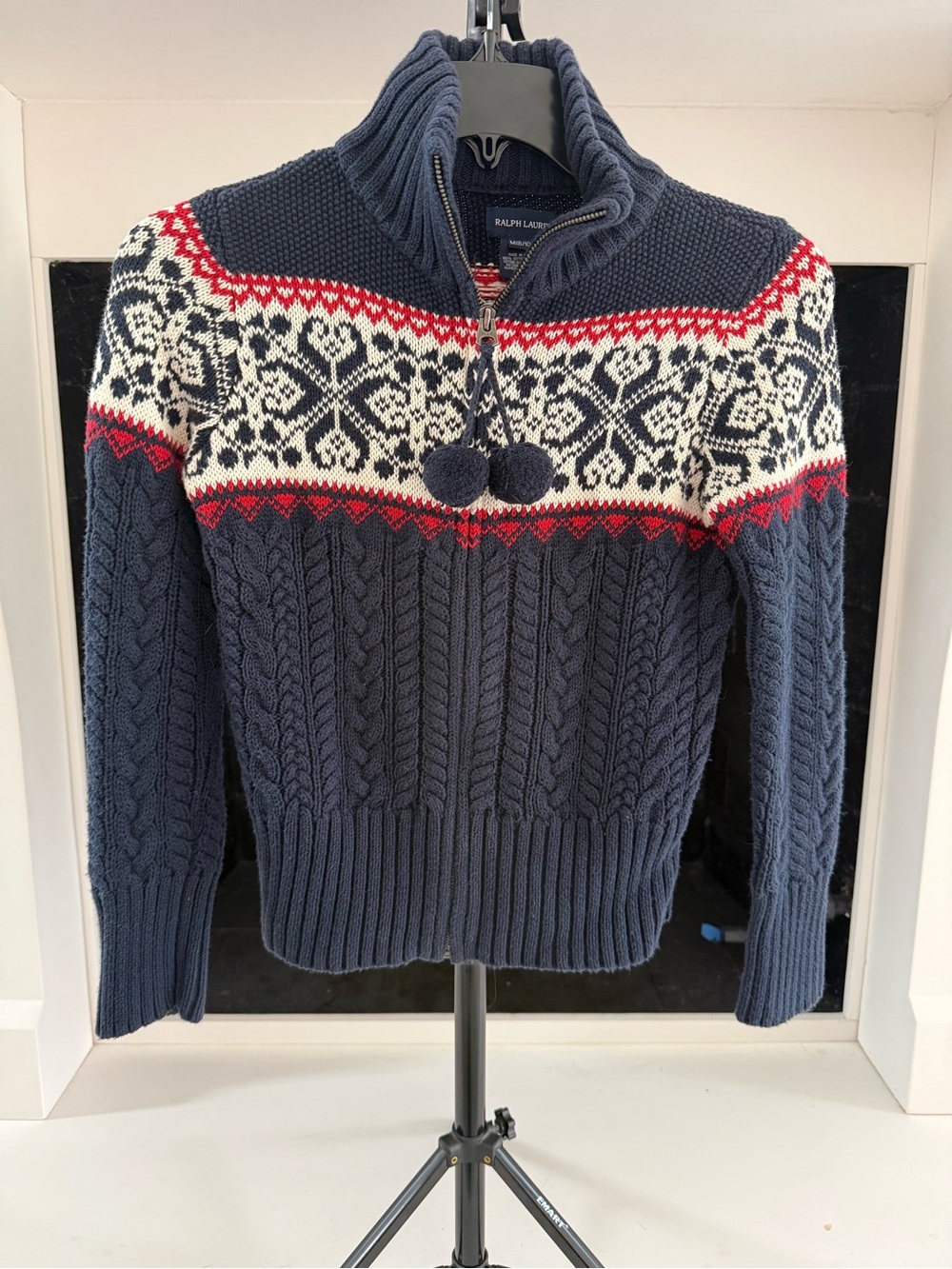 Ralph Lauren Navy Fair Isle Cable-Knit Half-Zip Sweater with Red and White Yoke